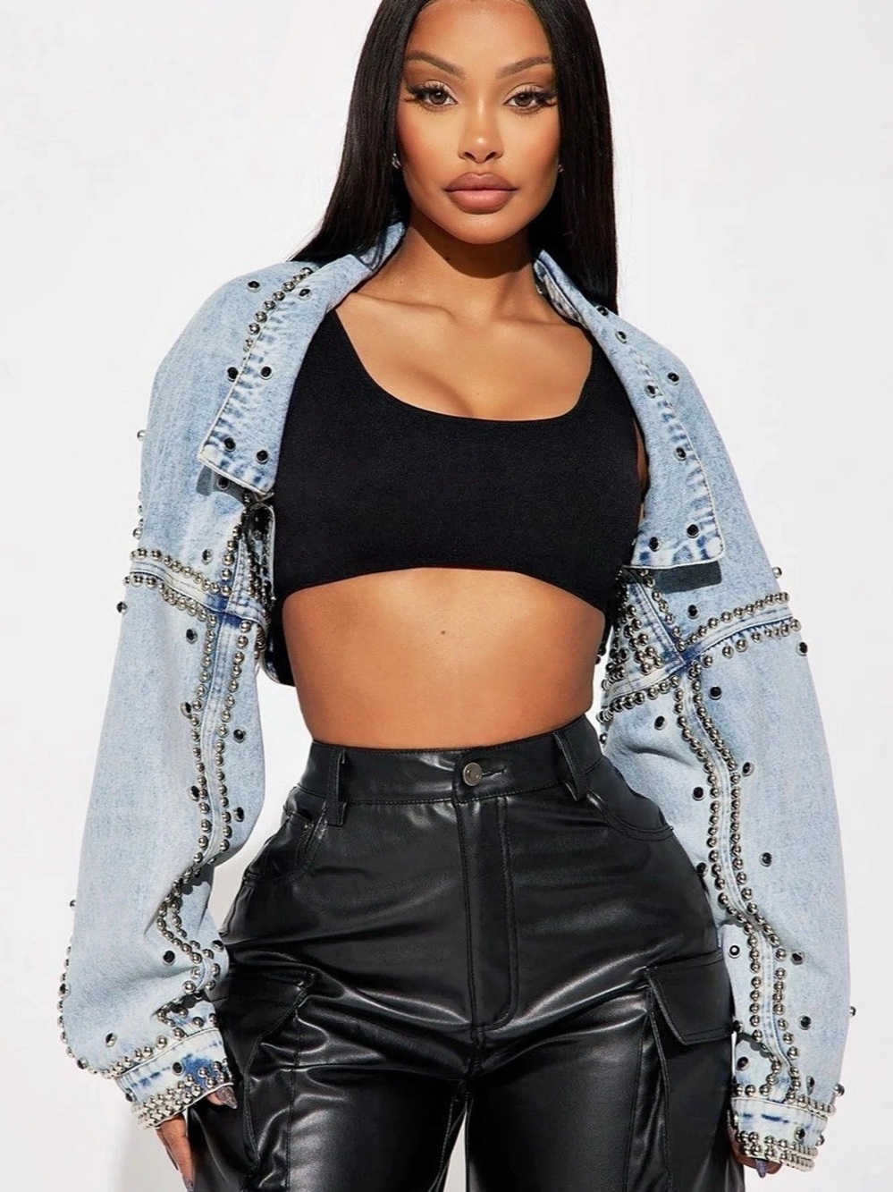 Fashion Nova Hollywood studded Cropped Denim Jacket Size Small